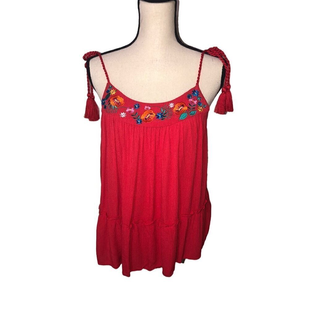 Embroidered Top Size M Red Sleeveless Ties Tassels Gauze Boho Summer Beach